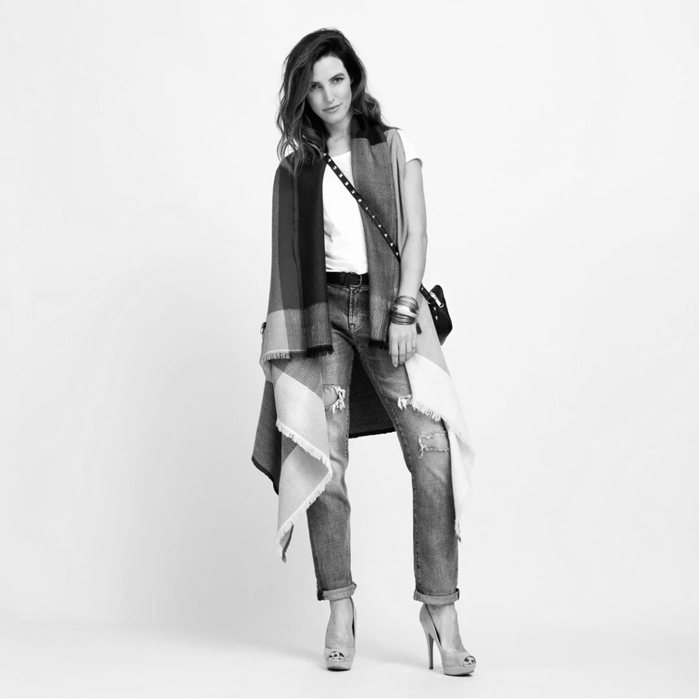 Karigar Plaid Merino Wool Cape in Gray, Blush, Light Green and Cream…NWT